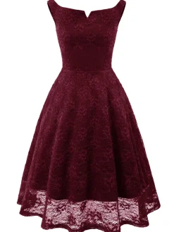 Sale Retro Stage 1950s Lace Floral Swing Dress Wine red