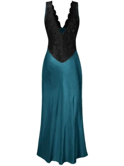 Sale Retro Stage 1930s Lace Hollow Satin Patchwork V-Neck Nightgown