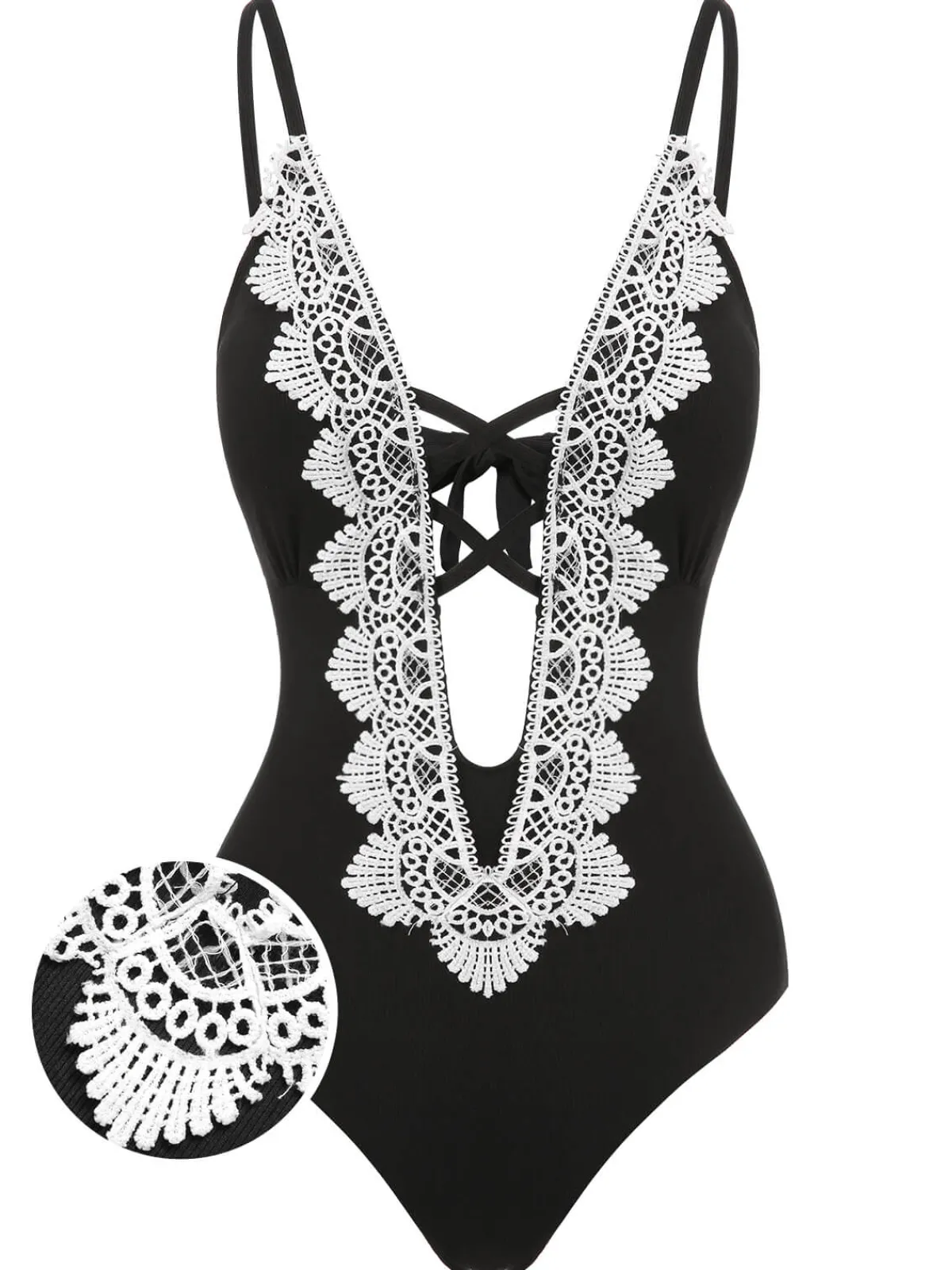 Hot Retro Stage 1930s Lace Knitted One-Piece Swimsuit Black