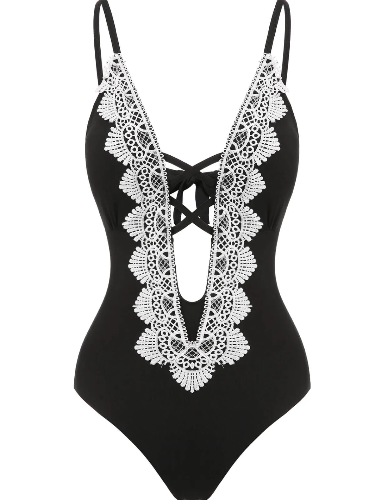 Hot Retro Stage 1930s Lace Knitted One-Piece Swimsuit Black
