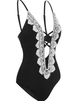 Hot Retro Stage 1930s Lace Knitted One-Piece Swimsuit Black
