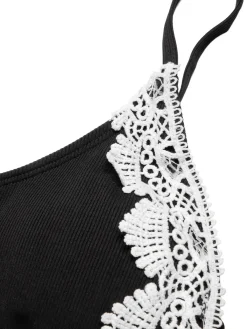 Hot Retro Stage 1930s Lace Knitted One-Piece Swimsuit Black