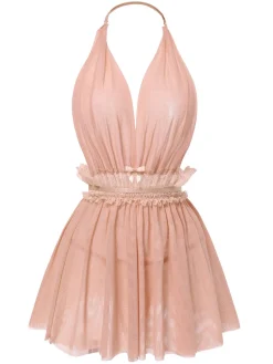 Discount Retro Stage 1950s Lace Mesh Deep V-Neck Halter Nightgown