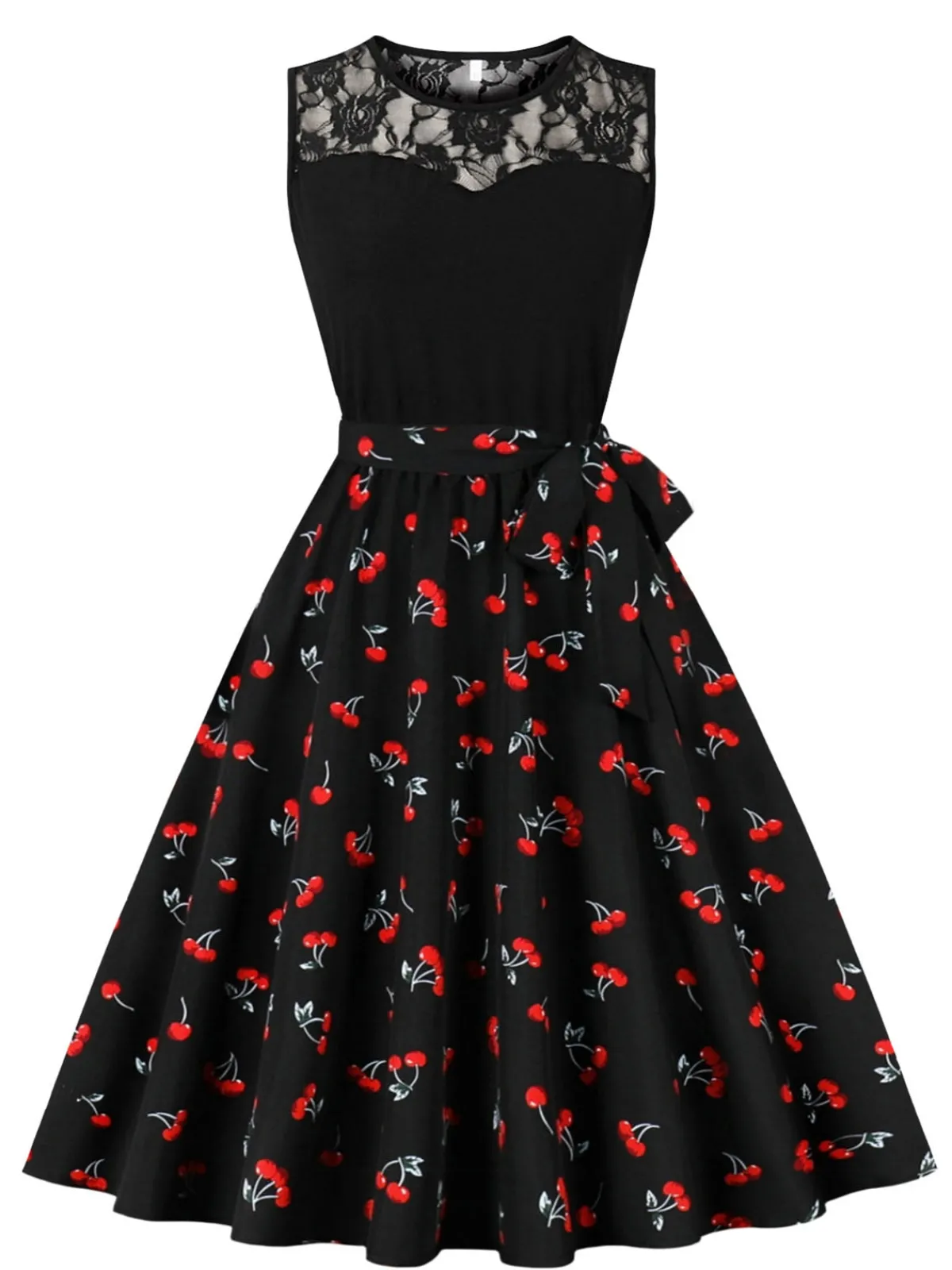 Outlet Retro Stage 1950s Lace Patchwork Cherry Floral Sleeveless Dress