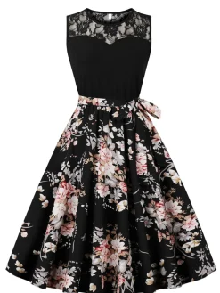 Outlet Retro Stage 1950s Lace Patchwork Cherry Floral Sleeveless Dress