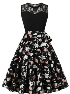 Outlet Retro Stage 1950s Lace Patchwork Cherry Floral Sleeveless Dress