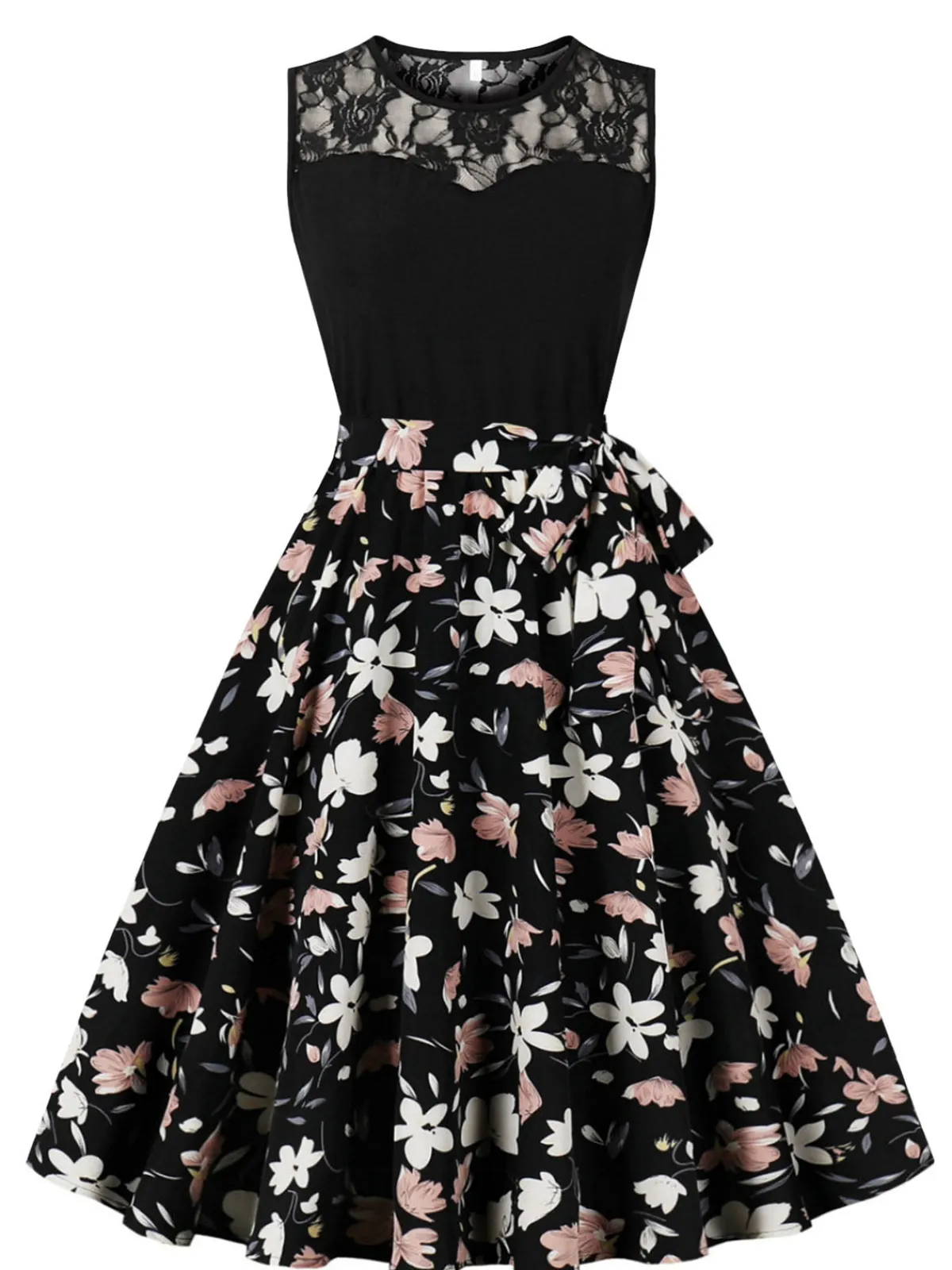Outlet Retro Stage 1950s Lace Patchwork Cherry Floral Sleeveless Dress