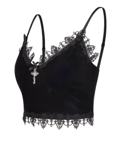 Outlet Retro Stage 1980s Lace Patchwork Cross Crop Camisole