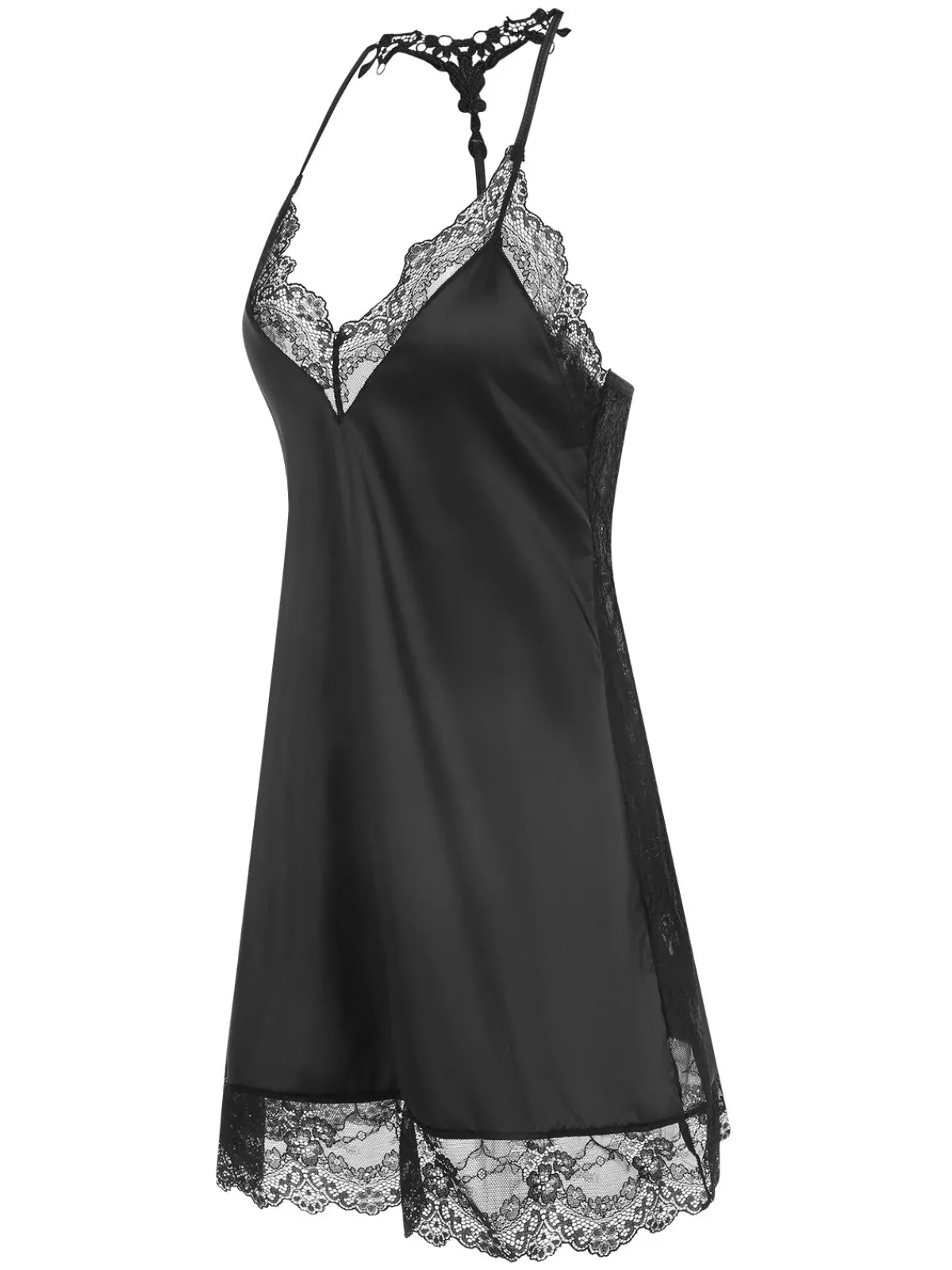 Fashion Retro Stage 1970s Lace Patchwork Spaghetti Straps Nightgown