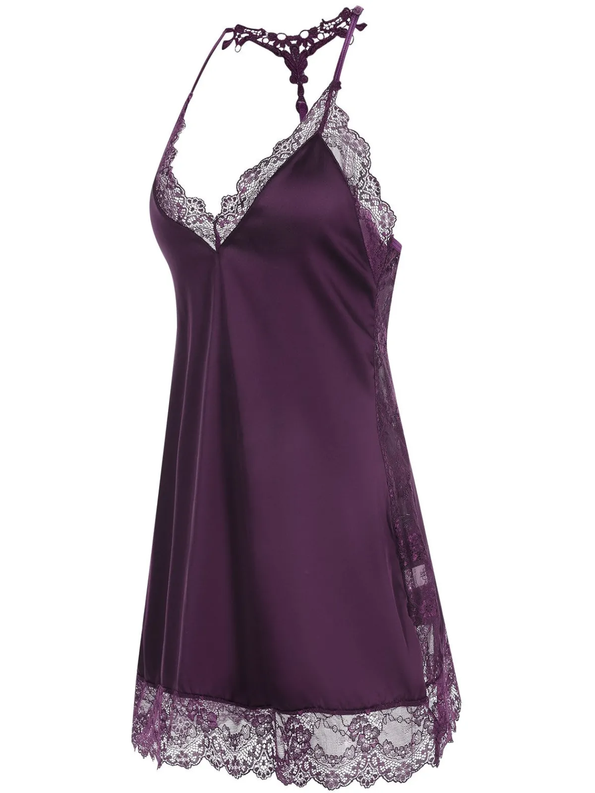 Fashion Retro Stage 1970s Lace Patchwork Spaghetti Straps Nightgown