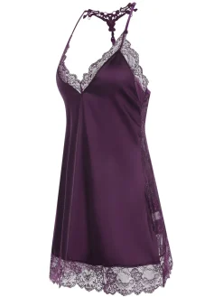Online Retro Stage 1970s Lace Patchwork Spaghetti Straps Nightgown
