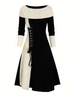 Hot Retro Stage 1940s Lace-Up Colorblock Off-Shoulder Dress
