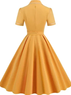 Best Retro Stage 1950s Lapel Belted Solid Dress