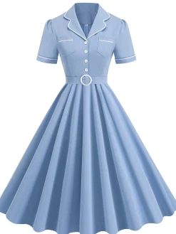 Best Retro Stage 1950s Lapel Belted Solid Dress