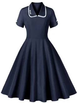 Best Retro Stage 1950s Lapel Buttoned Short Sleeve Solid Dress