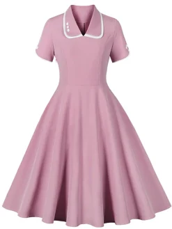 Best Retro Stage 1950s Lapel Buttoned Short Sleeve Solid Dress