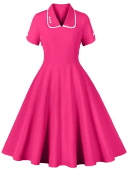 Best Retro Stage 1950s Lapel Buttoned Short Sleeve Solid Dress