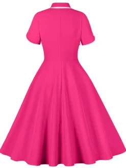 Best Retro Stage 1950s Lapel Buttoned Short Sleeve Solid Dress