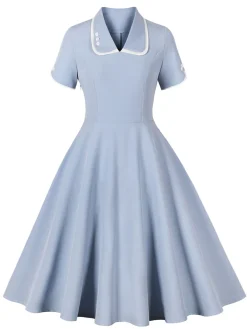 Best Retro Stage 1950s Lapel Buttoned Short Sleeve Solid Dress