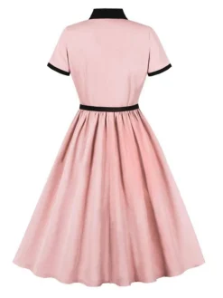 Best Retro Stage 1950s Lapel Colorblock Swing Shirt Dress