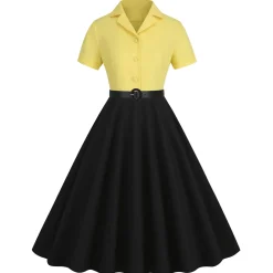 Outlet Retro Stage 1950s Lapel Contrast Belted Dress