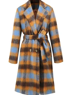 New Retro Stage 1950s Lapel Contrast Plaids Belted Coat Yellow