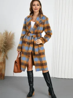 New Retro Stage 1950s Lapel Contrast Plaids Belted Coat Yellow