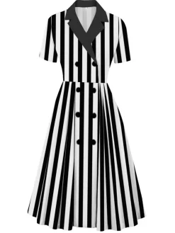 Hot Retro Stage 1940s Lapel Double Breasted & White Stripes Dress Black