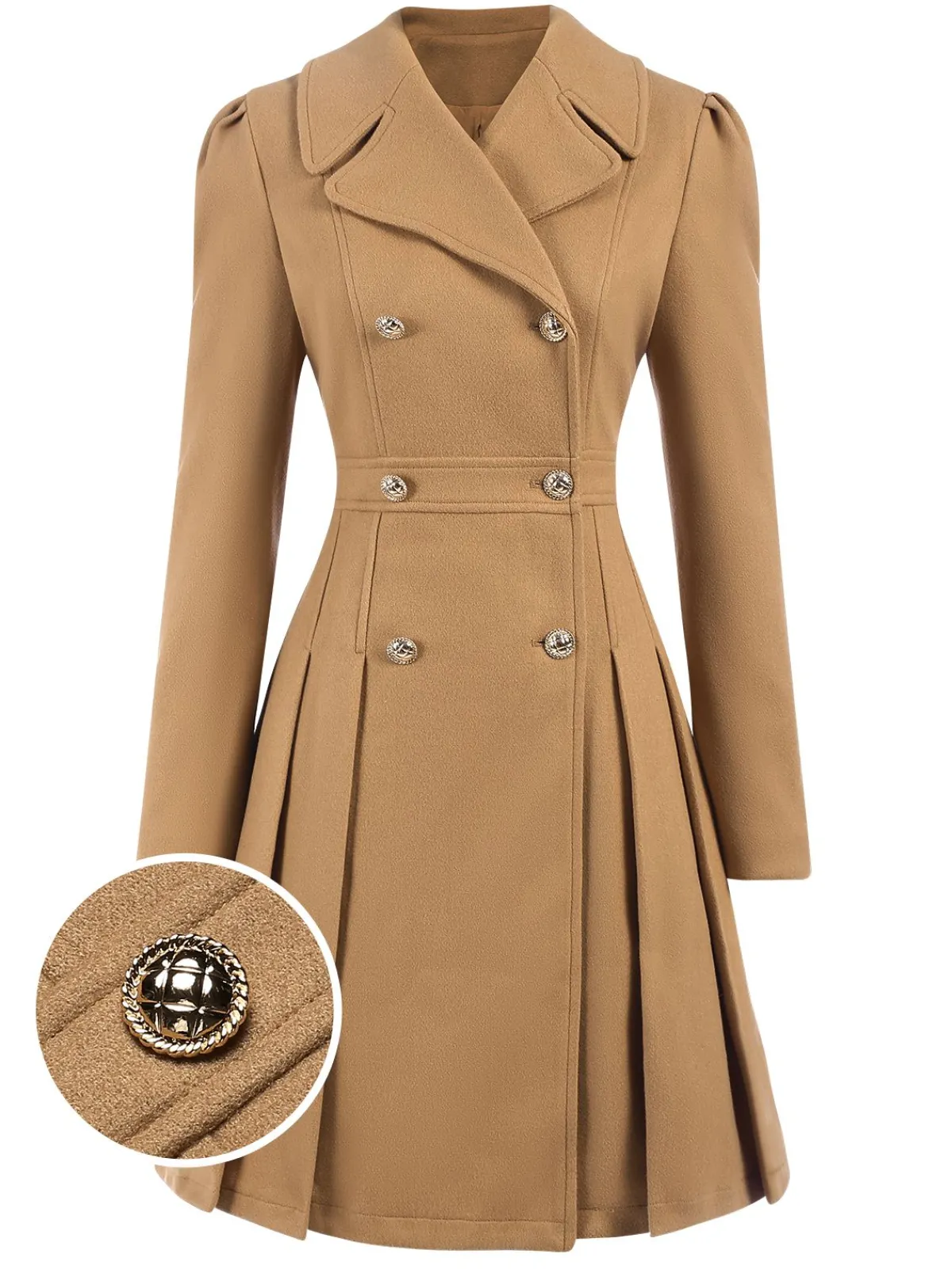Best Retro Stage 1940s Lapel Double-Breasted Pocket A-Line Coat Light Khaki
