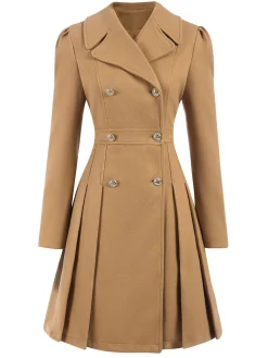Best Retro Stage 1940s Lapel Double-Breasted Pocket A-Line Coat Light Khaki