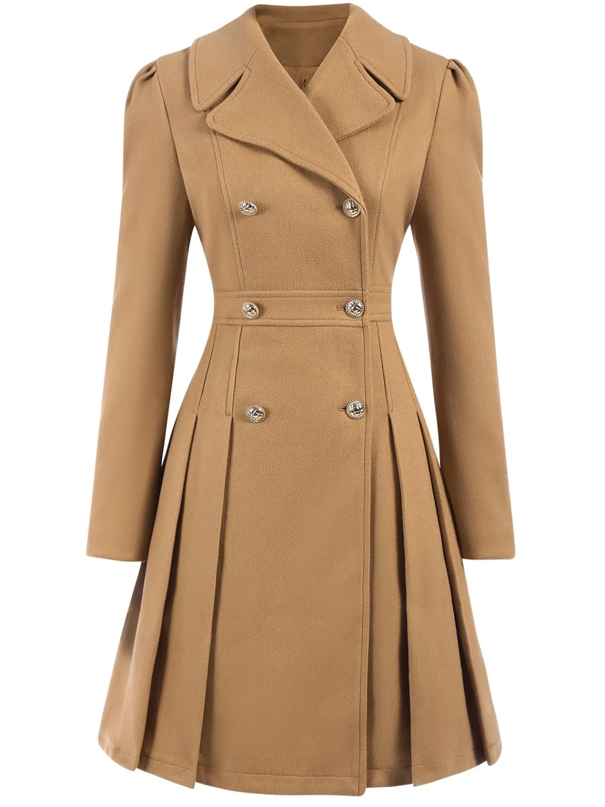 Best Retro Stage 1940s Lapel Double-Breasted Pocket A-Line Coat Light Khaki