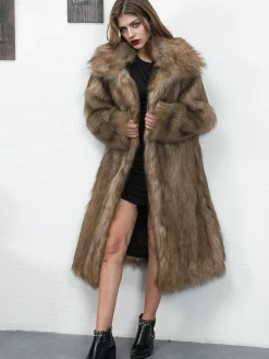 Online Retro Stage 1930s Lapel Faux Fur Long Coat