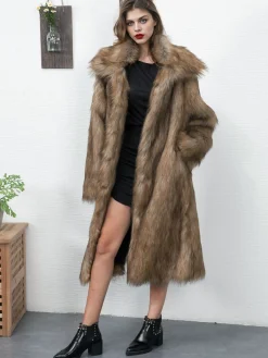 Online Retro Stage 1930s Lapel Faux Fur Long Coat