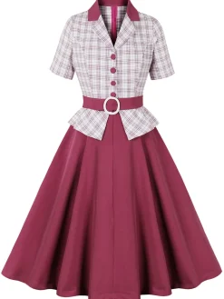 Outlet Retro Stage 1950s Lapel Glen Check Belted Dress Pink