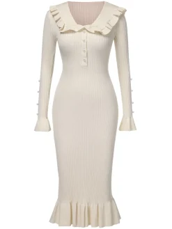 Fashion Retro Stage 1930s Lapel Knitted Colorblock Fishtail Dress