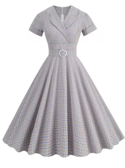 Best Retro Stage 1950s Lapel Plaids Belted Dress