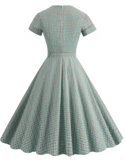 Best Retro Stage 1950s Lapel Plaids Belted Dress