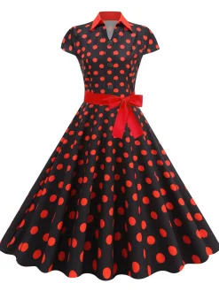 Hot Retro Stage 1950s Lapel Polka Dots Bow Swing Dress