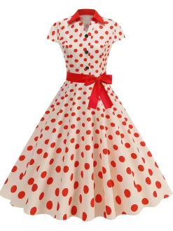 Hot Retro Stage 1950s Lapel Polka Dots Bow Swing Dress