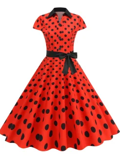 Hot Retro Stage 1950s Lapel Polka Dots Bow Swing Dress