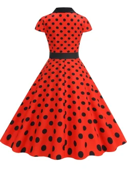 Hot Retro Stage 1950s Lapel Polka Dots Bow Swing Dress