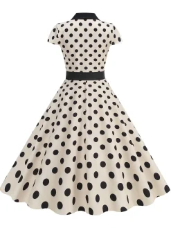 Hot Retro Stage 1950s Lapel Polka Dots Bow Swing Dress