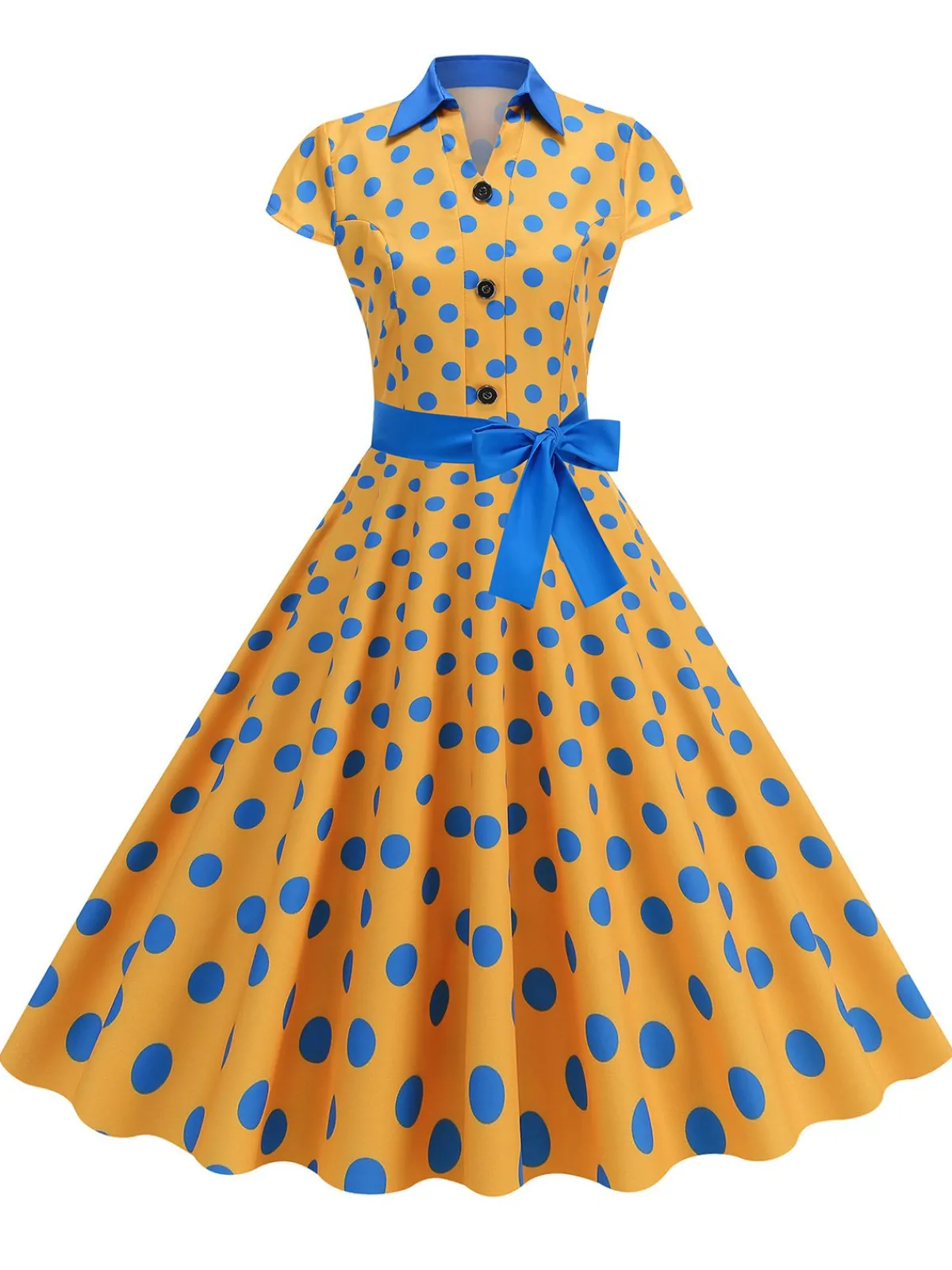 Hot Retro Stage 1950s Lapel Polka Dots Bow Swing Dress