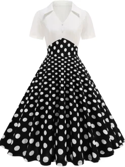 Hot Retro Stage 1950s Lapel Polka Dots Patchwork Swing Dress
