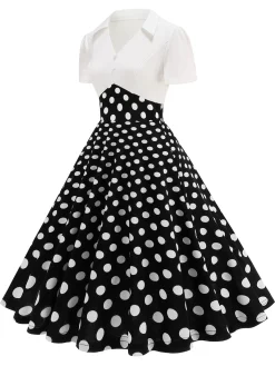 Hot Retro Stage 1950s Lapel Polka Dots Patchwork Swing Dress