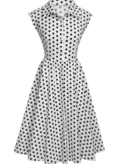 Clearance Retro Stage 1940s Lapel Polka Dots Sleeveless Dress