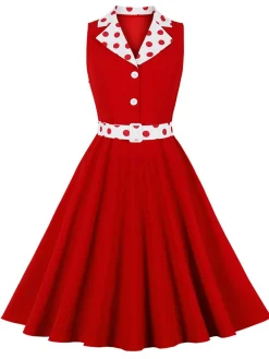 Fashion Retro Stage 1950s Lapel Polka Dots Sleeveless Belted Dress