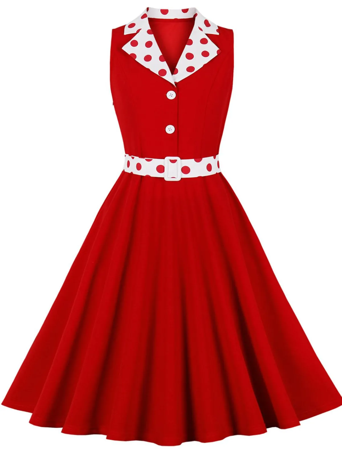 Fashion Retro Stage 1950s Lapel Polka Dots Sleeveless Belted Dress