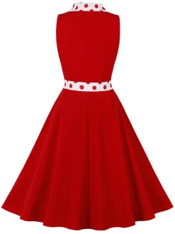 Fashion Retro Stage 1950s Lapel Polka Dots Sleeveless Belted Dress