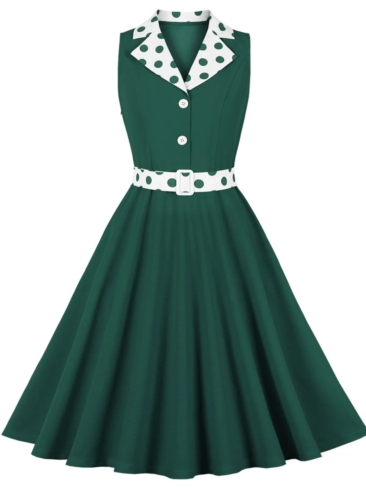 Fashion Retro Stage 1950s Lapel Polka Dots Sleeveless Belted Dress